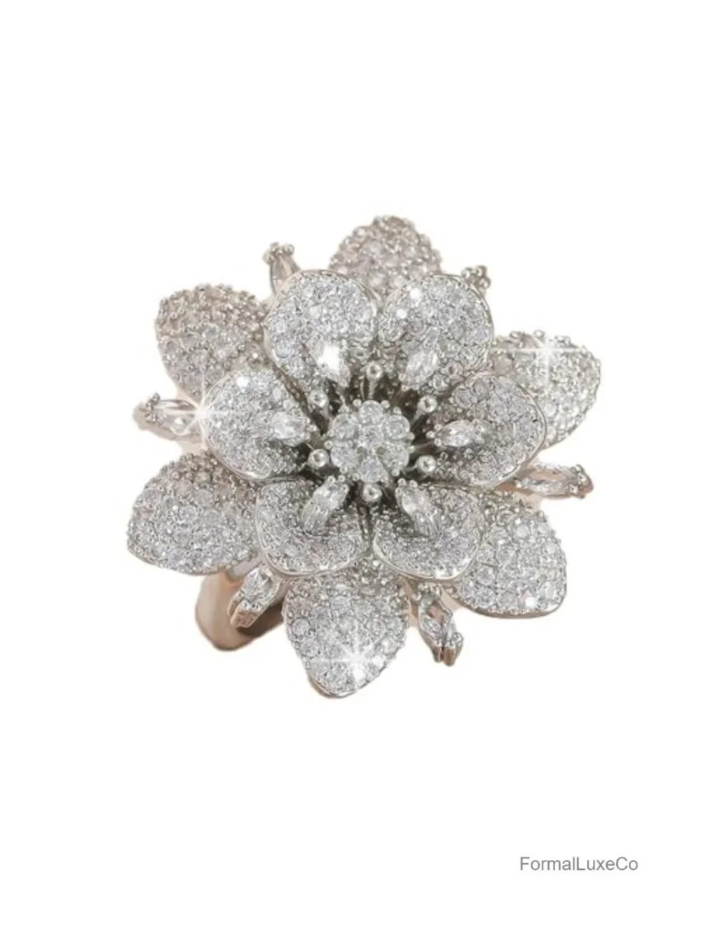 Double Layered Rhinestone Flower Ring Cubic Zirconia Wrap Finger Band